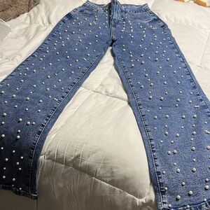 Pearl Embellished Blue Flare Jeans